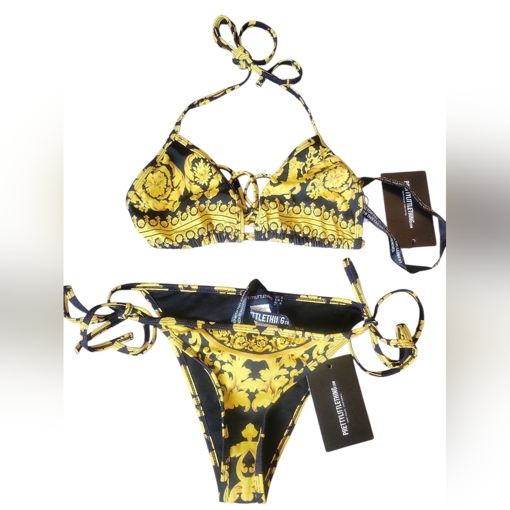 PrettyLittleThing Black & Gold Baroque Print Bikini Set